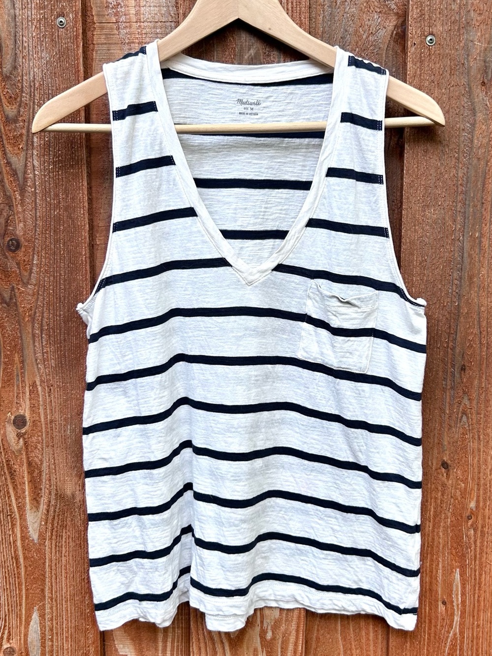 Madewell Striped V-Neck Cotton Pocket Tank Top Preppy Casual Coastal Size M